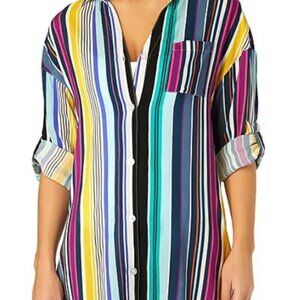 Anne Cole Barcode Multi Color Stripe Point Collar Roll-Tab Button Front Shirt Dr